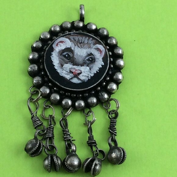 Handpainted Ferret Pendant Silvertone Metal Long Pet Artisan Danglers Polecat - Picture 2 of 11